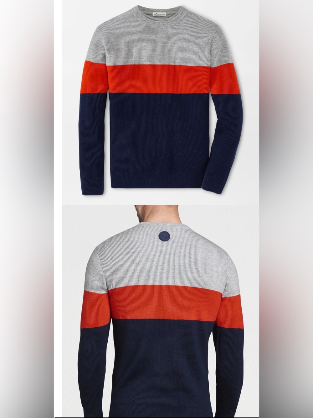 Peter Millar Crown Après Ski Merino Wool Sweater Mens Large Gray Orange Navy Rib